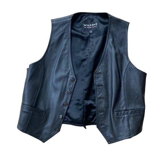Vintage Wilsons Black All Leather 90s Y2K Moto Biker Rodeo Western Vest-XL - Picture 6 of 14